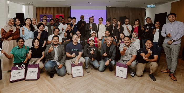 MYStartup's Pre-Accelerator Cohort 4's selected startups with Cradle and other partners. Sam Shafie, co-founder of WatchTower and Friends is in the second row (seated in white cap and red t-shirt).